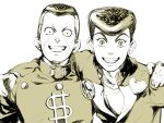  grin haato higashikata_josuke higashikata_jousuke jewelry jojo_no_kimyou_na_bouken male monochrome nijimura_okuyasu school_uniform sepia smile 