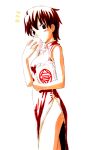 1girl bangs breasts brown_eyes brown_hair china_dress chinadress chinese_clothes earring eating fate/stay_night fate_(series) food fujimura_taiga jas jewelry legs legs_together long_bangs meat_bun nikuman short_hair small_breasts thighs