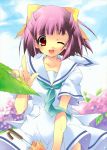 amesarasa bow flower hair_bow higa_yukari highres hydrangea purple_hair red_eyes sanbongi_yuki school_uniform short_hair snail umbrella wink 