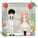  balloon black_hair boots closed_eyes dress flower just_be_friends_(vocaloid) kotoune long_hair megurine_luka paper_airplane pink_hair red_string short_hair vocaloid white_dress 