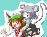  :3 animal_ears arinu bite biting blush brown_hair cat_ears cat_tail chen doraemon ear_biting earrings fang grey_hair hat jewelry mouse_ears mouse_tail multiple_girls multiple_tails nazrin o_o red_eyes short_hair surprise surprised sweat tail touhou 