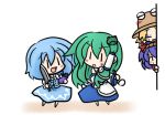  blue_hair chibi eggplant frog green_hair hat knife kochiya_sanae moriya_suwako tatara_kogasa touhou yanagi_(artist) yasaka_kanako 