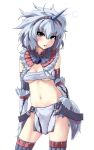  breasts cleavage elbow_gloves gloves grey_hair grune grune_(artist) hairband highres horn kirin kirin_(armor) large_breasts loincloth long_hair midriff monster_hunter navel simple_background thigh-highs thighhighs under_boob underboob 