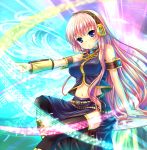  :o armband belt black_legwear black_thighhighs blue_eyes blush colorful cute girl hairband headphones long_hair megurine_luka midriff musical_note musical_notes nail_polish navel pink_hair pointing sitting skirt solo thigh-highs thighhighs uehara_yukihiko very_long_hair vocaloid 