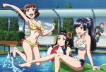  3boys 3girls :d :o ;d alternate_hairstyle ball barefoot beachball bikini black_hair breasts brown_hair camera cleavage flower frilled_bikini frills glasses green_eyes hair_flower hair_ornament highres inflatable_raft jumping kakumeiki_valvrave long_hair multiple_boys multiple_girls navel nobi_marie official_art one_eye_closed open_mouth orange_hair otamaya_yuusuke peeking_out ponytail pool purple_hair red_eyes rukino_saki sashinami_shouko scan school_uniform shiny shiny_skin short_hair sitting smile sunflower swimsuit tamura_satomi thumbs_up tokishima_haruto violet_eyes water yamada_raizou 