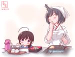  2girls ahoge apron black_hair blue_eyes blush braid brown_hair chopsticks closed_eyes commentary_request eating fire food food_on_face frying_pan hair_ornament hair_over_shoulder highres japanese_clothes kanon_(kurogane_knights) kantai_collection kappougi multiple_girls obentou omelet onigiri shigure_(kantai_collection) short_hair single_braid smile tamagoyaki tenugui thermos yamashiro_(kantai_collection) younger 