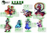 6+girls aki_minoriko aki_shizuha blonde_hair blue_hair blue_skirt character_name dress frilled_dress frills green_hair hat inubashiri_momiji kagiyama_hina kawashiro_nitori kochiya_sanae long_hair long_skirt moriya_suwako mountain_of_faith multiple_girls purple_hair rope shield shimenawa short_hair skirt sword touhou uu_uu_zan weapon white_hair yasaka_kanako