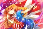  1girl american_flag american_flag_shirt blonde_hair clownpiece fairy_wings grin hat jester_cap kutsuki_kai long_hair open_mouth red_eyes smile solo torch touhou very_long_hair wings 