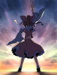  1girl amino_(tn7135) back_turned backlighting brown_hair detached_sleeves dusk hair_ribbon hakurei_reimu hand_on_hip japanese_clothes midriff miko pointing pointing_up ribbon solo touhou wide_sleeves 