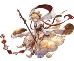  anchira_(granblue_fantasy) barefoot blonde_hair cleavage_cutout clouds granblue_fantasy hair_ornament headband minaba_hideo monkey_tail official_art red_eyes short_hair staff 