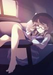  1girl barefoot bird bird_on_hand brown_eyes brown_hair buttons couch curtains dress feet frown glasses hat indoors light_rays long_sleeves lying midorino_eni on_back one_eye_closed plaid plaid_dress purple_dress red_glasses semi-rimless_glasses shirt solo sunbeam sunlight touhou twintails under-rim_glasses upskirt usami_sumireko white_shirt window 
