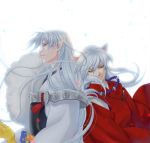  2boys animal_ears armor backlighting brothers fur_trim half-closed_eyes inuyasha inuyasha_(character) jewelry leaning_on_person long_hair multiple_boys necklace parted_lips pearl_necklace petals pointy_ears profile sesshoumaru siblings silver_hair tokiko_(psychopomp) very_long_hair white_background white_hair yellow_eyes 
