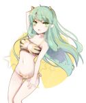  1girl bikini breasts cat_cutout cat_ear_panties cat_keyhole_bra cleavage cleavage_cutout fang green_eyes green_hair horns long_hair lum nakaikane navel oni pointy_ears side-tie_bottom solo star swimsuit tiger_print urusei_yatsura 