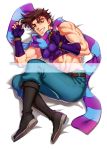  1boy abs anz black_boots boots brown_hair crop_top fingerless_gloves full_body gloves green_eyes grin jojo_no_kimyou_na_bouken joseph_joestar_(young) lying male_focus muscle on_side scarf smile solo striped striped_scarf 