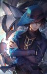  1boy blue_eyes chain coat gen_(pokemon) hat hat_over_one_eye kawacy lucario pokemon pokemon_(creature) short_hair 