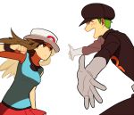  1boy 1girl :d ^_^ annoyed blue_(pokemon) blue_shirt blush brown_eyes brown_hair clenched_hand closed_eyes clothes_writing gloves green_hair happy hat hetero li_sakura long_hair long_sleeves looking_at_another miniskirt motion_blur open_mouth outstretched_arms pokemon pokemon_(game) pokemon_frlg porkpie_hat pounce profile red_skirt shaded_face shirt simple_background skirt sleeveless sleeveless_shirt smile team_rocket team_rocket_grunt uniform white_background wristband 
