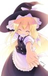  1girl aozora_market blonde_hair bow clenched_teeth grin hair_bow hat hat_bow highres kirisame_marisa long_hair outstretched_hand smile solo teeth touhou witch_hat 