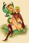  1boy 1girl 9wa blonde_hair braid butterfly_wings couple fairy flower hair_flower hair_ornament hat hat_feather hetero ingway_(odin_sphere) long_hair looking_at_another mercedes odin_sphere pointy_ears sitting sitting_on_person twin_braids wings 