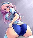  1girl ass blue_eyes blush breasts buruma gym_uniform hairband headband highres large_breasts long_hair looking_at_viewer open_mouth original panties panties_under_buruma pink_hair scatter_milk solo thigh-highs underwear 