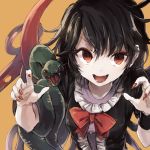  1girl asymmetrical_wings black_hair dress fangs hisona_(suaritesumi) houjuu_nue nail_polish open_mouth orange_background red_eyes short_hair short_sleeves simple_background smile snake solo touhou upper_body wings wrist_cuffs 