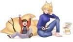  2girls alternate_costume animal_ears arms_up barefoot blonde_hair book book_stack brown_hair cat_ears cat_tail chen closed_eyes contemporary fox_ears fox_tail full_body kinketsu long_sleeves looking_at_another lying multiple_girls multiple_tails no_hat open_book orange_eyes pants shirt short_hair simple_background sitting slippers smile sweater tail touhou turtleneck white_background wide_sleeves yakumo_ran 