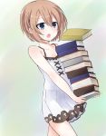  1girl absurdres bare_shoulders blanc blue_eyes blush book book_stack brown_hair highres holding holding_book neptune_(series) open_mouth short_hair solo 