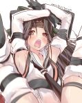  1girl armpits arms_up brown_eyes brown_hair commentary_request dated detached_sleeves forehead_protector hachimaki hair_intakes half_updo headband jintsuu_(kantai_collection) kantai_collection legs_up long_hair looking_at_viewer open_mouth remodel_(kantai_collection) school_uniform serafuku simple_background spread_legs teeth thigh-highs ugeppa white_background 