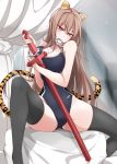  1girl animal_ears black_legwear breasts brown_hair cuffs handcuffs large_breasts lindoh_flores long_hair red-eyes_macadamiachoco red_eyes swimsuit sword tail thigh-highs tiger_ears tiger_tail weapon 