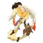  1boy 1girl age_difference baggy_pants barefoot full_body highres holding hug inuyasha jaken japanese_clothes kimono long_hair pants pointy_ears rin_(inuyasha) sesshoumaru unmoving_pattern very_long_hair white_background wide_sleeves yamato_(700021) yukata 