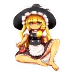  1girl apron barefoot black_dress blonde_hair braid dress hat kirisame_marisa long_hair looking_at_viewer mushroom puffy_short_sleeves puffy_sleeves shirosato shirt short_sleeves single_braid sitting sitting_on_object smile solo spread_legs touhou waist_apron witch_hat yellow_eyes 