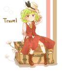  1girl blush boots brown_boots english expressionless fedora flower green_hair hat hat_feather hat_removed headwear_removed kazami_yuuka kurihagii letter long_skirt long_sleeves pen_in_pocket pink_shirt plaid plaid_skirt plaid_vest pocket postcard red_eyes red_skirt shirt short_hair sitting skirt solo suitcase touhou unmoving_pattern untucked_shirt white_background yellow_necktie 