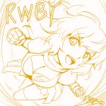  1girl ahoge artist_name asymmetrical_legwear breasts cleavage copyright_name fingerless_gloves gloves h-new lineart long_hair monochrome open_mouth over-kneehighs puffy_short_sleeves puffy_sleeves punching rwby short_sleeves signature smile solo thigh-highs vambraces waist_cape wavy_hair yang_xiao_long yellow 