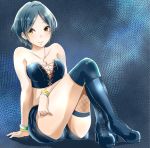  1girl bare_shoulders black_hair boots breasts hayami_kanade idolmaster idolmaster_cinderella_girls looking_at_viewer murabito_c short_hair smile solo thigh-highs thigh_boots yellow_eyes 