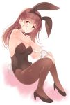  1girl animal_ears bare_shoulders black_shoes blush bow bowtie breasts brown_eyes brown_hair brown_legwear bunny_girl bunny_tail bunnysuit detached_collar fake_animal_ears hand_on_own_knee hands_on_own_knee high_heels kantai_collection komi_zumiko leotard long_hair looking_at_viewer ooi_(kantai_collection) pantyhose playboy_bunny_leotard rabbit_ears ribbon shoes solo tail wrist_cuffs 