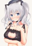  1girl absurdres animal_ears blue_eyes cat_keyhole_bra go-1 hat highres kantai_collection kashima_(kantai_collection) silver_hair smile solo twintails wavy_hair 