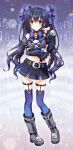  1girl bare_shoulders black_hair blush hair_ornament long_hair looking_at_viewer narinn navel neptune_(series) noire red_eyes ribbon smile solo thigh-highs twintails 
