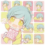  1boy aqua_hair baby bib ichigo_hitofuri lying male_focus on_stomach open_mouth sayu030b sitting smile stuffed_animal stuffed_panda stuffed_toy touken_ranbu yellow_eyes younger 