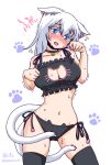  1girl animal_ears bell bell_collar blue_eyes blush breasts cat_cutout cat_ear_panties cat_ears cat_lingerie cat_tail cleavage_cutout collar cowboy_shot crying crying_with_eyes_open long_hair multiple_tails navel nekomata original paw_pose shake-o solo sweat tail tears thigh-highs twitter_username white_hair 