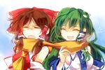  2girls bare_shoulders bow brown_hair closed_eyes detached_sleeves frog_hair_ornament green_hair hair_bow hair_ornament hair_tubes hakurei_reimu kochiya_sanae kutsuki_kai multiple_girls open_mouth scarf shared_scarf smile snake_hair_ornament touhou unamused upper_body 