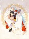  1boy 1girl armor barefoot black_hair closed_eyes cugini full_body fur_trim inuyasha japanese_clothes kimono long_hair rin_(inuyasha) sesshoumaru short_sidetail sitting smile sword unmoving_pattern very_long_hair weapon white_hair wide_sleeves yukata 