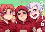  2016 animal_ears anz arm_around_neck bear_ears black_hair blue_eyes brown child clenched_hand earrings fake_animal_ears freckles happy_new_year hood hooded_sweater jean_pierre_polnareff jewelry jojo_no_kimyou_na_bouken kakyouin_noriaki kuujou_joutarou new_year open_mouth pink_hair signature silver_hair smile sweater violet_eyes younger 