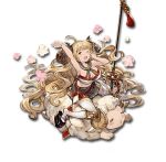  1girl anila_(granblue_fantasy) bell blonde_hair breasts full_body granblue_fantasy horns large_breasts long_hair lowres midriff minaba_hideo miniskirt naginata official_art polearm riding sheep sheep_horns skirt smile solo spear stretch thigh-highs transparent_background weapon yawning zettai_ryouiki zouri 