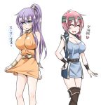  2girls blue_eyes blush breasts cleavage cosplay costume_switch faris_scherwiz final_fantasy final_fantasy_v headband jewelry large_breasts lenna_charlotte_tycoon long_hair mabo-udon multiple_girls open_mouth orange_shirt pink_hair ponytail purple_hair shirt short_hair siblings sisters smile 