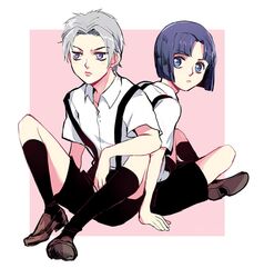  2boys back-to-back blue_eyes blue_hair bruno_bucciarati child frown grey_hair indian_style jojo_no_kimyou_na_bouken leone_abbachio male_focus multiple_boys rena_(renasight) shorts sitting socks suspenders younger 