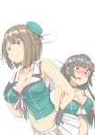  2girls bare_shoulders beret black_gloves black_hair blue_eyes blush breasts brown_hair choker choukai_(kantai_collection) cleavage glasses gloves hair_ornament hairclip hat headgear highres kantai_collection large_breasts looking_down maya_(kantai_collection) midriff miniskirt multiple_girls nobcoffee open_mouth pleated_skirt red_eyes remodel_(kantai_collection) short_hair skirt sleeveless 