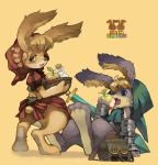  1boy 1girl aoneko blonde_hair cornelius_(odin_sphere) eating food fruit furry gauntlets hood odin_sphere sword velvet_(odin_sphere) weapon 