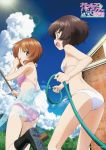  akiyama_yukari artist_request ass bikini boots broom brown_eyes brown_hair clouds cloudy_sky copyright_name from_behind girls_und_panzer highres holding hose leg_up looking_back messy_hair nishizumi_miho official_art outdoors pink_bikini short_hair sky standing swimsuit wet white_bikini white_swimsuit 