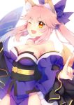  1girl ;d ameshizuku_natsuki animal_ears bare_shoulders bow breasts caster_(fate/extra) cleavage detached_sleeves fate/extra fate/grand_order fate_(series) fox_ears fox_shadow_puppet fox_tail hair_bow japanese_clothes kimono obi one_eye_closed open_mouth pink_hair sash smile solo tail twintails yellow_eyes 