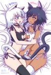  2girls :3 animal_ears bell bell_collar black_hair black_vs_white blue_eyes blush breasts cat_cutout cat_ear_panties cat_ears cat_lingerie cat_tail cleavage_cutout collar dark_skin long_hair looking_at_another multiple_girls multiple_tails navel nekomata on_bed open_mouth original shake-o tail thigh-highs twitter_username white_hair yellow_eyes yuri 