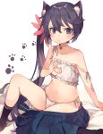  1girl 3:&lt; akebono_(kantai_collection) animal_ears artist_request bell bell_collar black_legwear cat_cutout cat_ears cat_keyhole_bra cat_lingerie cleavage_cutout collar flower hand_on_own_chest haruka_(reborn) kantai_collection lingerie navel no_shoes paw_print side_ponytail socks solo strap_slip tears underwear 